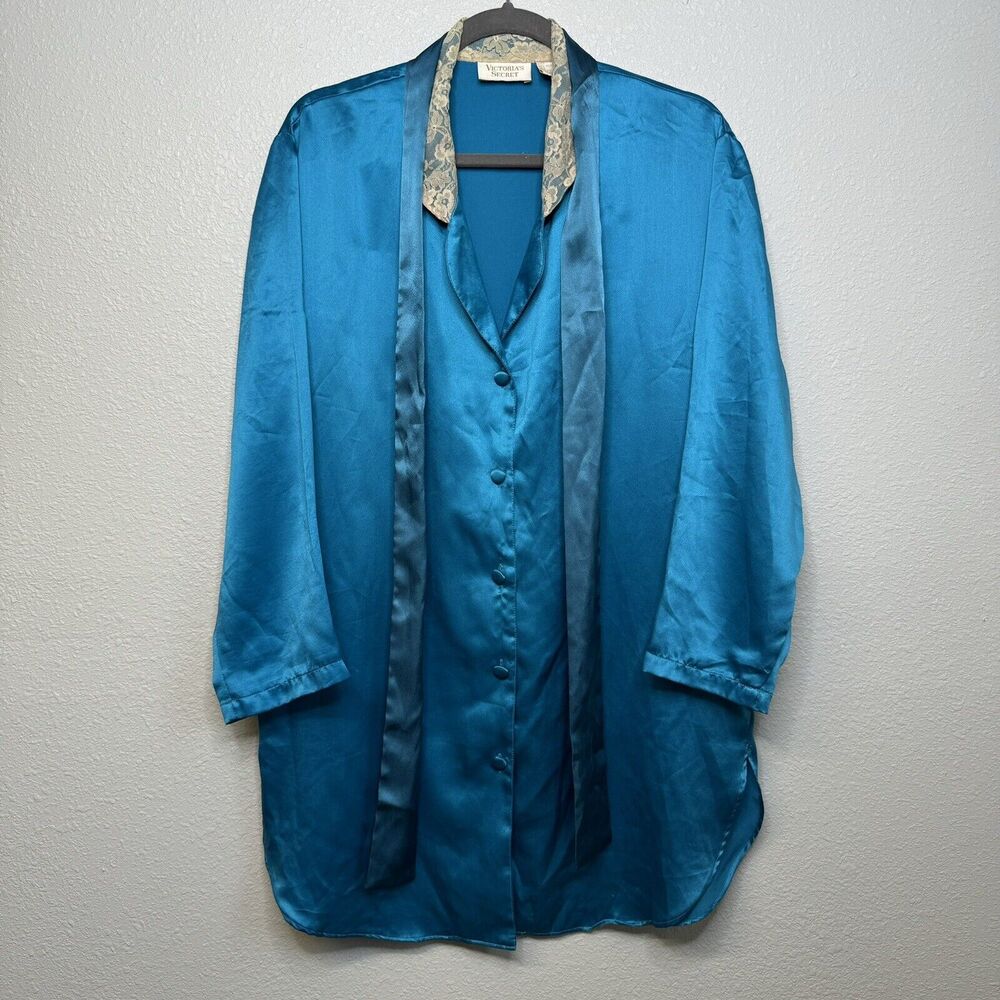 Vtg Victoria’s Secret Gold Label Satin Blue Oversized Sleep Shirt Lace Collar PS